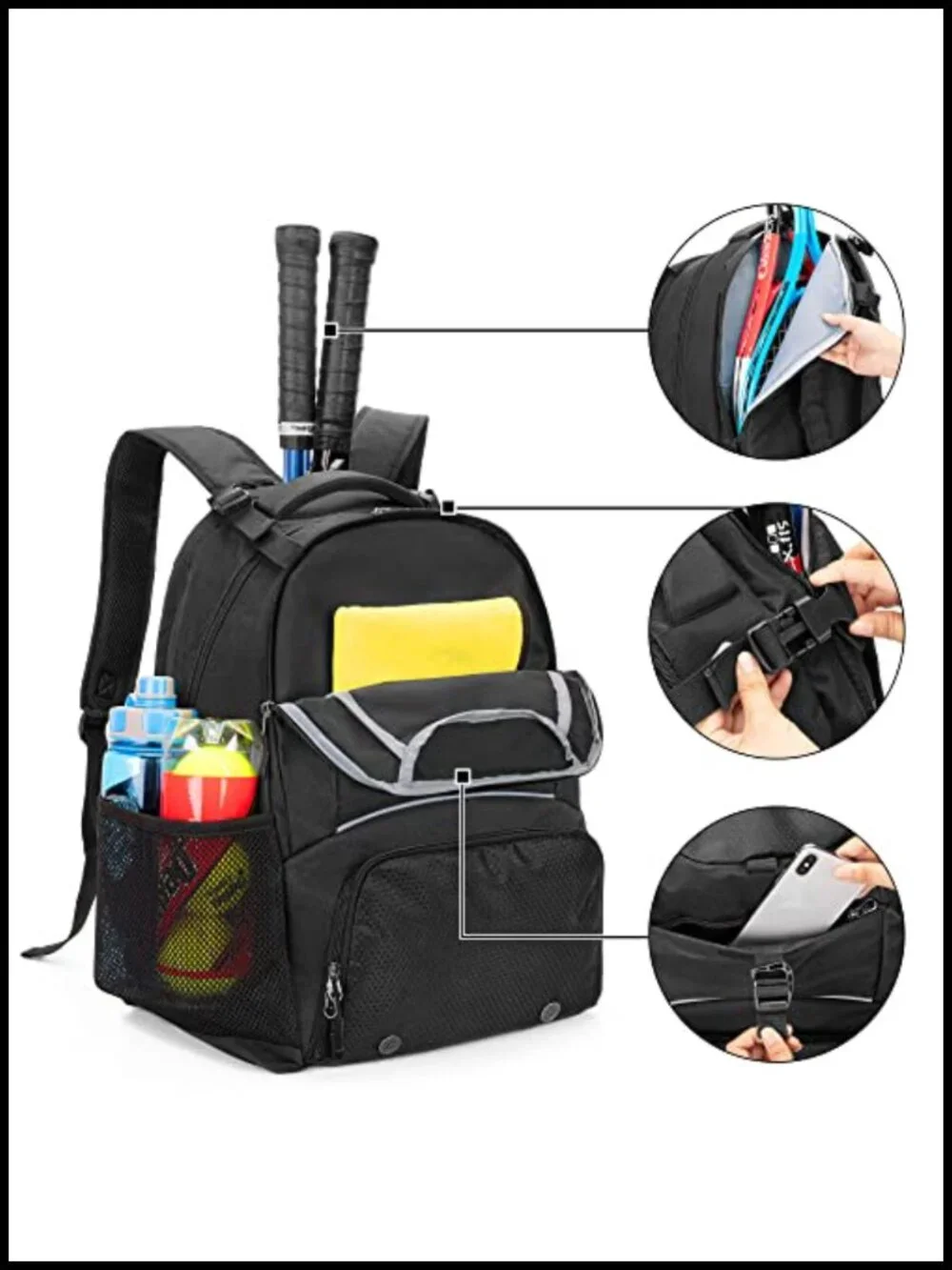 Tennis Backpack for 2 Rackets with Shoe Compartment, Nylon Pickleball Bag